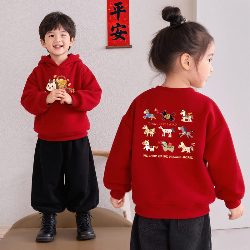 LA260114010新年弟弟妹妹加絨款紅色衛衣2026馬年新款兒童可愛春節拜年拍照服