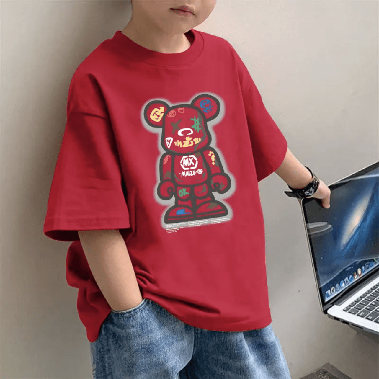 CE26022613兒童洋氣短袖T恤打底衫夏季時尚韓版男童純棉紅色半袖百搭中大童