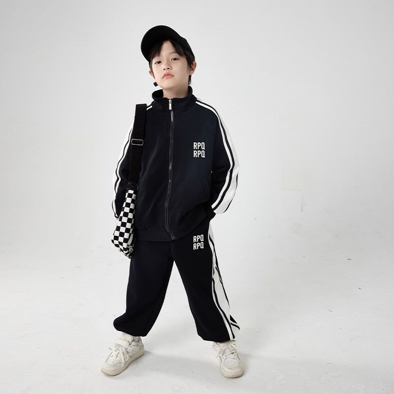 FF24102518新款黑白拼色男童運動衛衣套裝兒童秋裝兩件套(9-12天到貨)