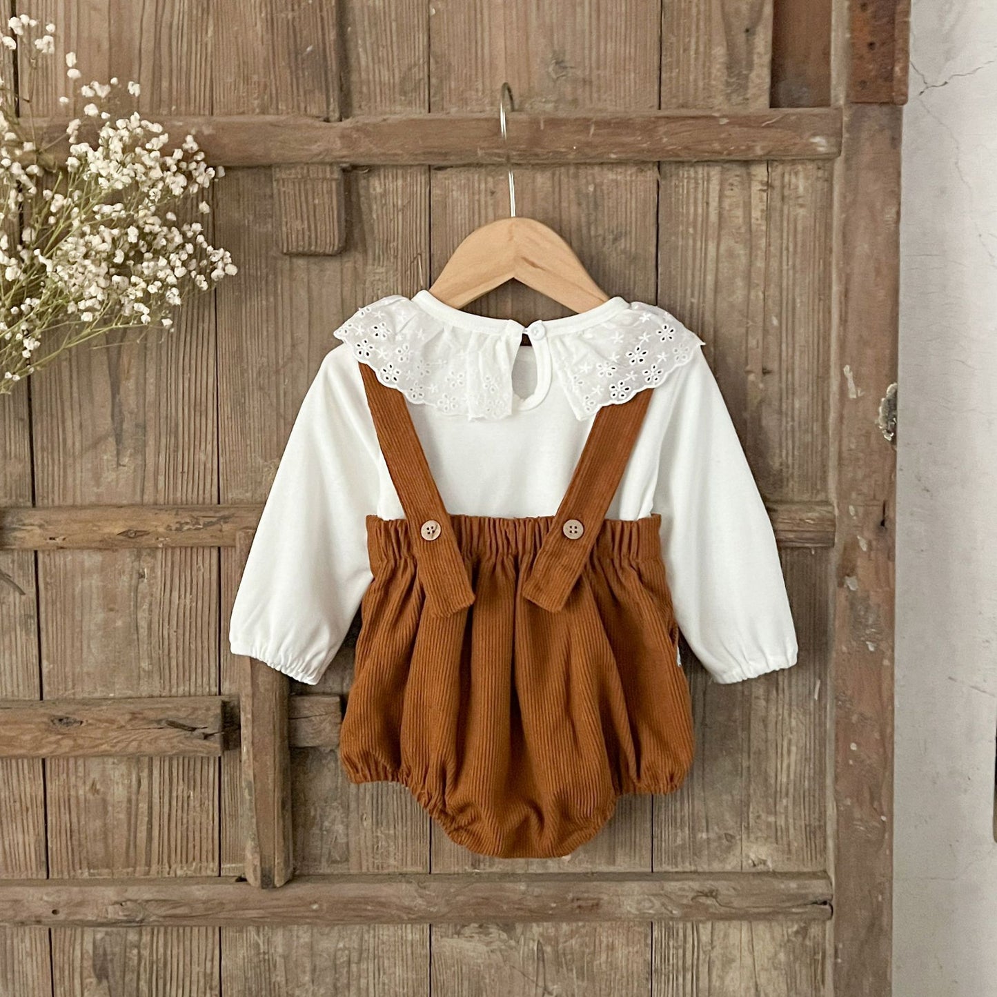 GF25081506  ins韓版女孩寶寶春季秋季花邊打底衫刺繡燈芯絨背帶哈衣兩件套裝