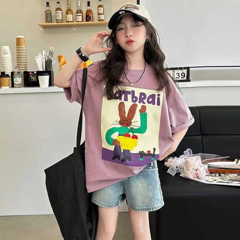 FG25053008女童短袖t恤夏季2025新款兒童上衣女孩T卹中大童夏裝體恤寬鬆