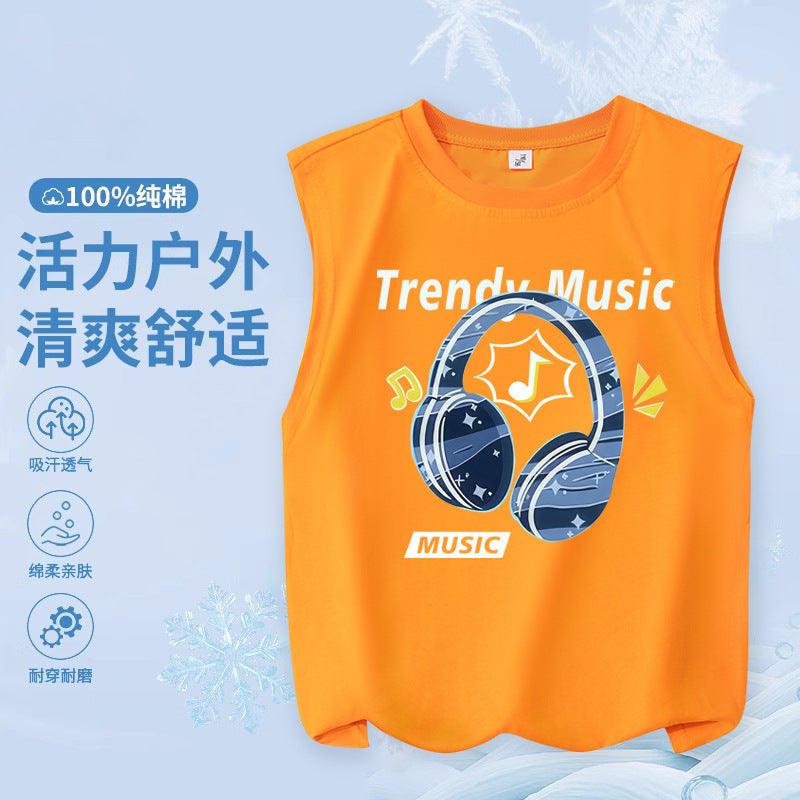 FN26052912男童純棉背心2026圓領套頭衫卡通印花夏季寬鬆兒童無袖上衣