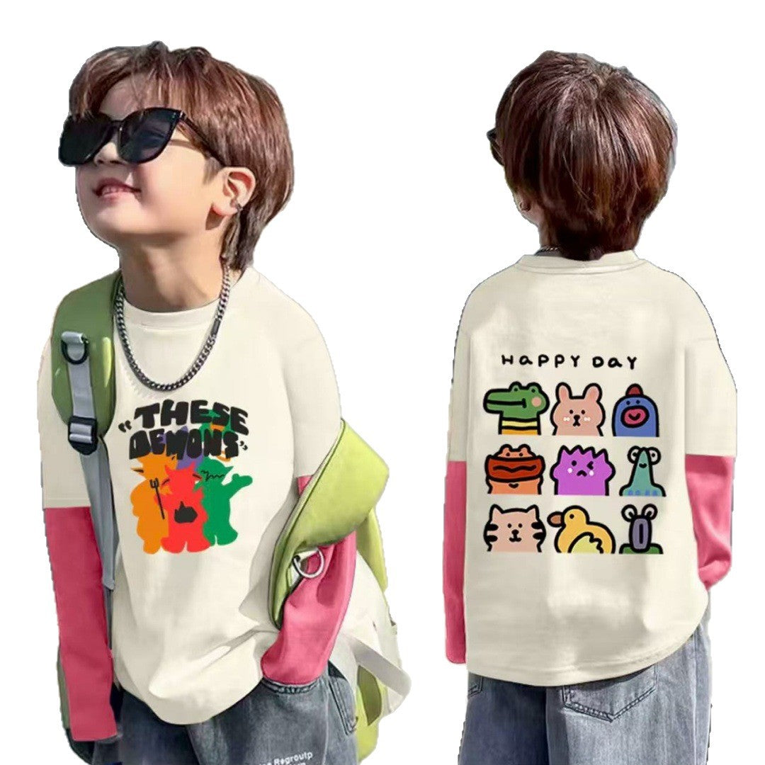 CE25091903男女童純棉T春秋新款兒童長袖打底帥氣中大童寶寶休閒假兩件上衣