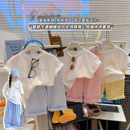 CD25050315女童短袖長褲夏季女孩歐若風防蚊褲寶寶山本褲森系時尚兩件洋氣