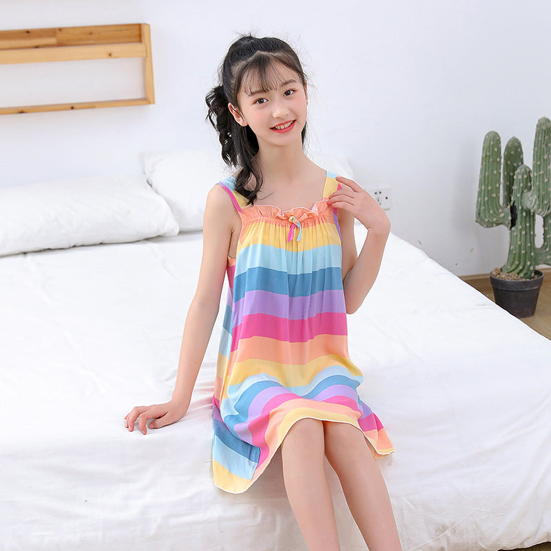 CK26050503女童睡裙棉綢夏季薄款兒童冰絲吊帶睡衣女童夏裝公主裙大童家居裙(9-12天到貨)