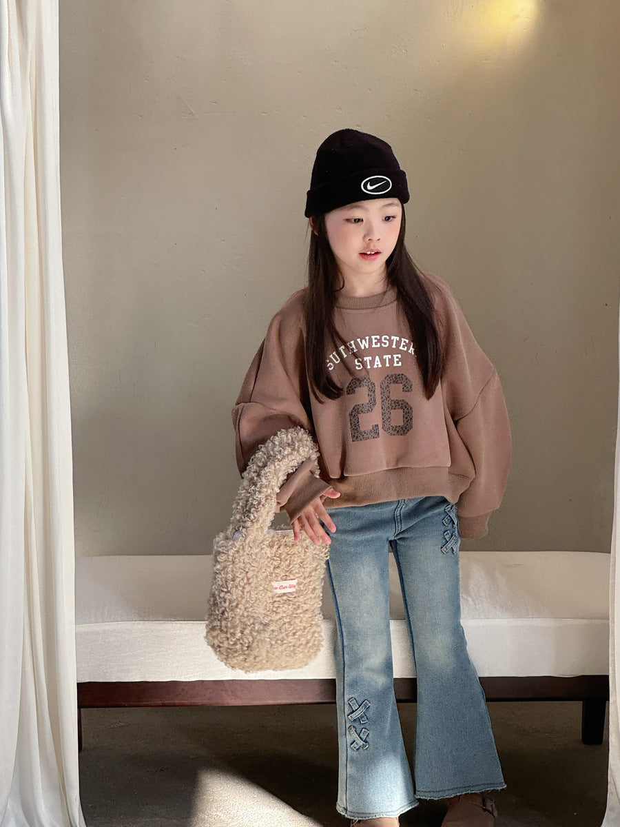 Z26010242瑜珈公主女孩復古美式字母短上衣女寶寶加絨大眾衛衣