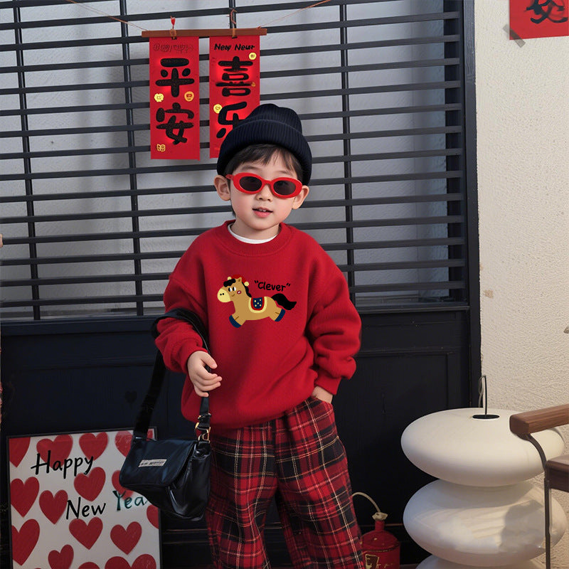 LA260114010新年弟弟妹妹加絨款紅色衛衣2026馬年新款兒童可愛春節拜年拍照服