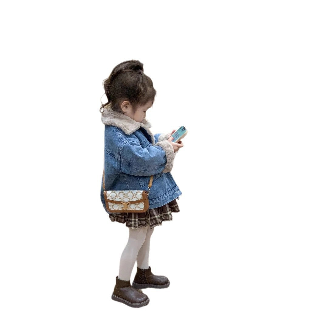 CG25103014兒童加絨外套秋冬裝男女童韓版灰兔毛內裡保暖加厚牛仔外套