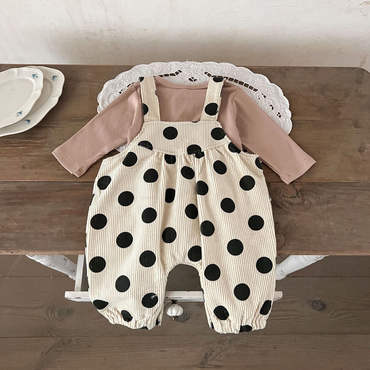 GF25081504  ins韓版女孩寶寶春季秋季純棉坑上衣圓點印花燈芯絨背帶長褲套裝