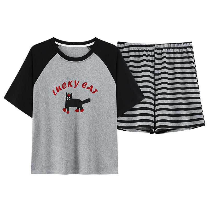 Z25040107自備胸墊睡衣女夏季純棉短袖簡約條紋可外穿學生家居服套裝