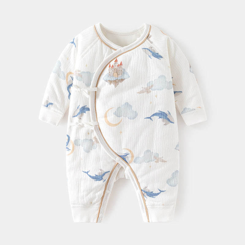 GJ25102110新生夾棉連身衣薄棉無骨哈衣秋季純棉初生40克蝴蝶寶寶爬衣