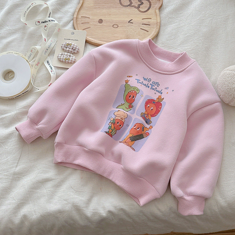 CA25112712韓版童裝2025冬季女孩卡通星星人加絨衛衣兒寶寶保暖長袖T卹