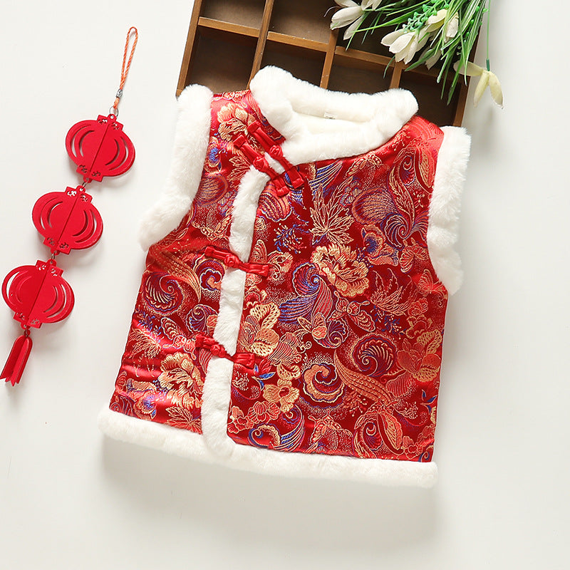 Z26010251中式年服兒童馬甲男女童加絨加厚背心喜慶新年裝唐裝