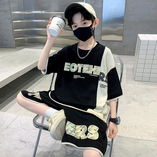FM26042214男童夏裝短袖套裝2026新款洋氣中大童男孩夏季洋氣華夫格裁剪童裝