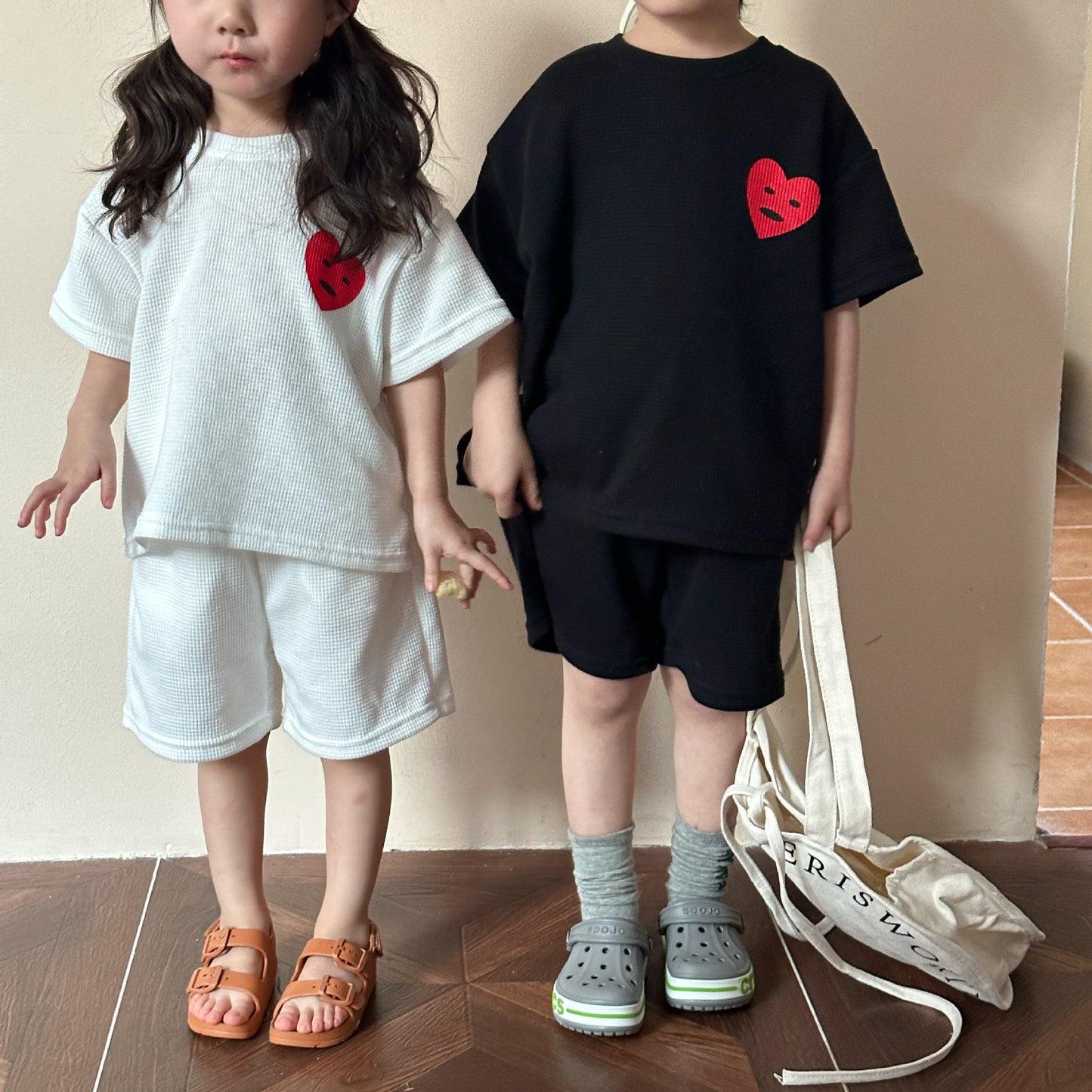 Z25020917兒童運動套裝華夫格夏季男童2025新款女童休閒小寶寶短袖夏裝