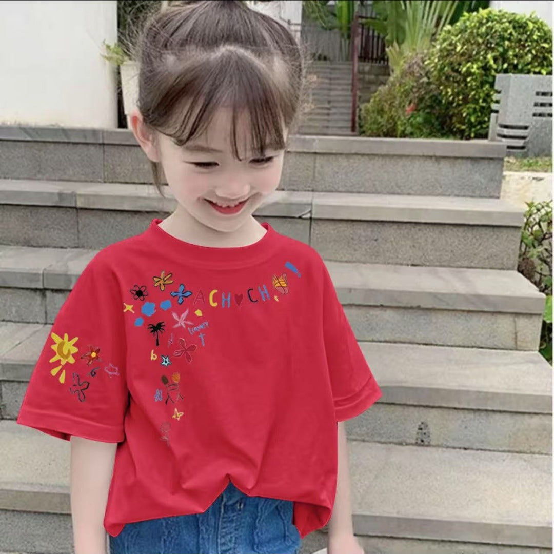 CE26022607女童純棉短袖夏季時尚兒童印花印花寬鬆百搭上衣中大童T卹半袖