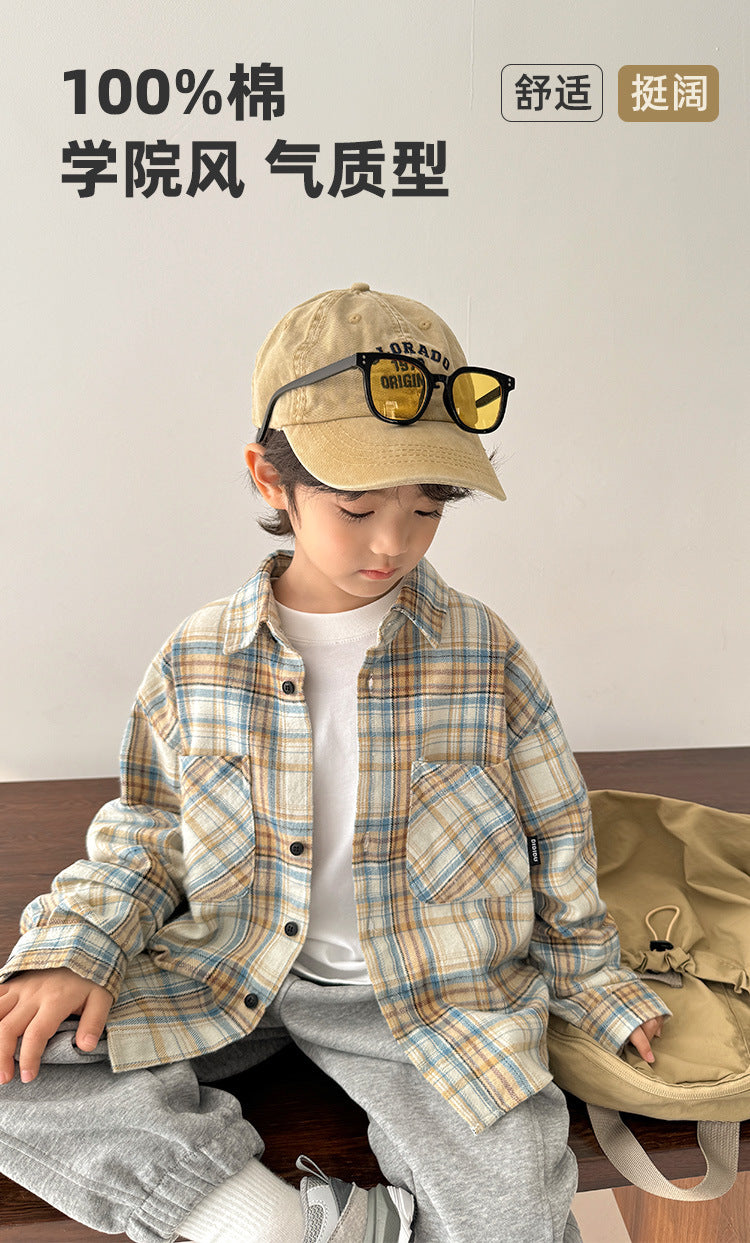 GJ25082711男童長袖襯衫秋季裝2025新款兒童純棉格紋襯衫女童上衣童裝