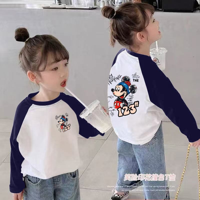 CE25091901女童長袖t卹春秋裝新款兒童撞色卡通洋氣女孩中大童打底上衣