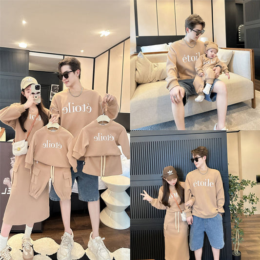 L25120408嬰兒親子裝2025秋裝一家三口字母抽抽繩衛衣半裙親子套裝韓版童裝