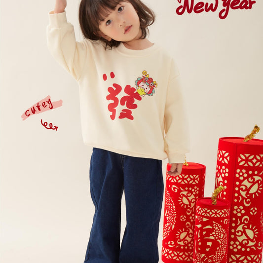 CA24011815新年女孩韓版洋氣國潮休閒加絨衛衣冬裝新款兒童保暖圓領紅色上衣