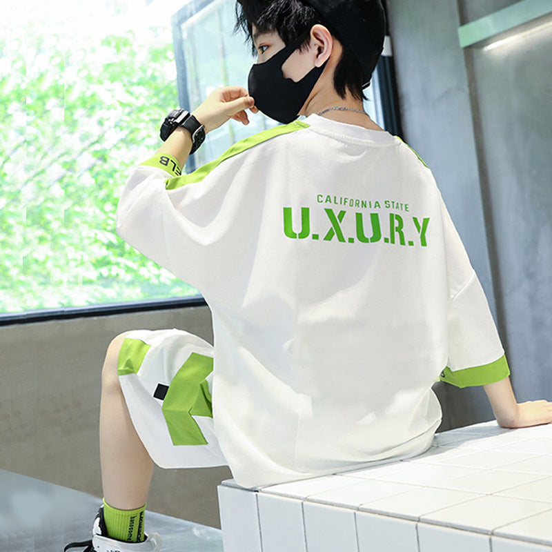 FM26042221兒童裝男童夏裝套裝2026新款中大童男孩夏季薄款運動衣服潮牌短袖