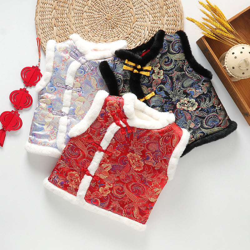 Z26010251中式年服兒童馬甲男女童加絨加厚背心喜慶新年裝唐裝