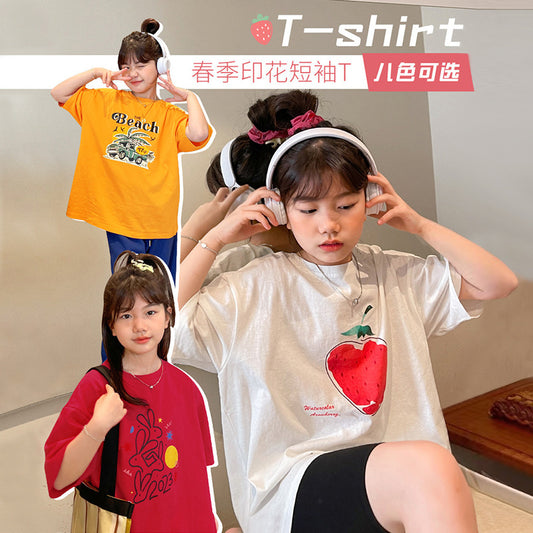 Z25030432女童短袖T恤夏裝新款中大童純棉寬鬆圓領兒童休閒夏季童裝上衣潮