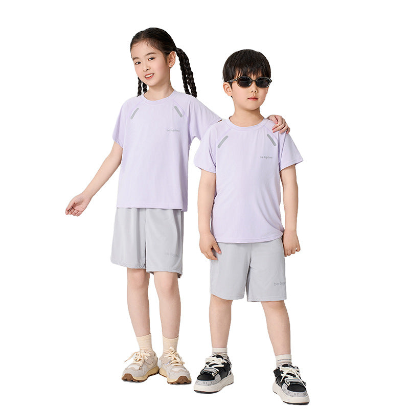 CK26050507男童速乾短袖短褲套裝夏季女童冰絲網眼T卹兒童運動兩件套中大童(9-12天到貨)