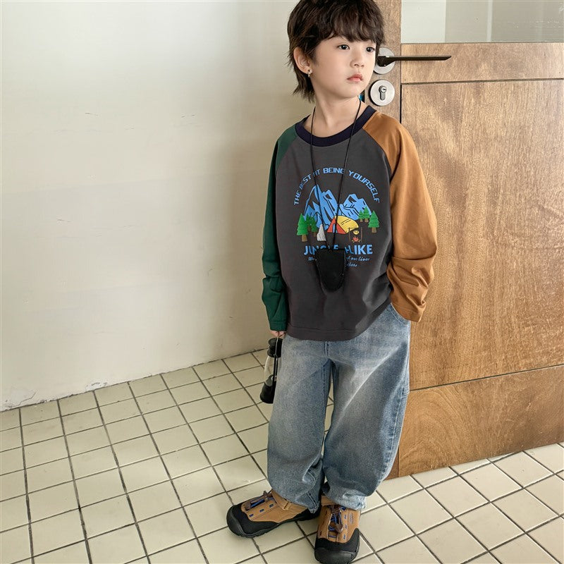 GJ25082714春秋新款純棉長袖T卹兒童山系印花童裝衣服春裝潮