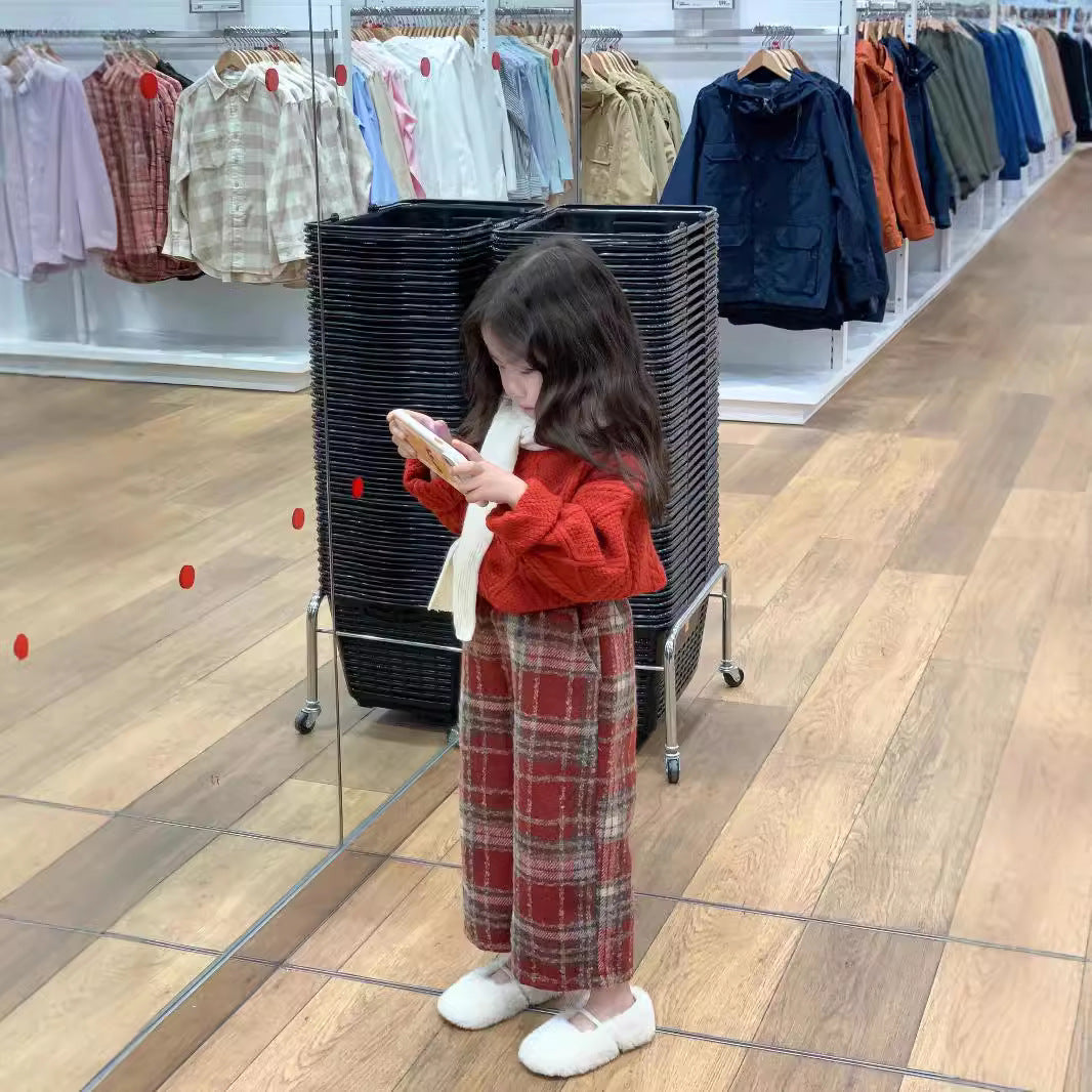 CG25103007女童秋冬款喜慶紅色節日毛衣+紅格加厚奧利絨內裡毛衣褲