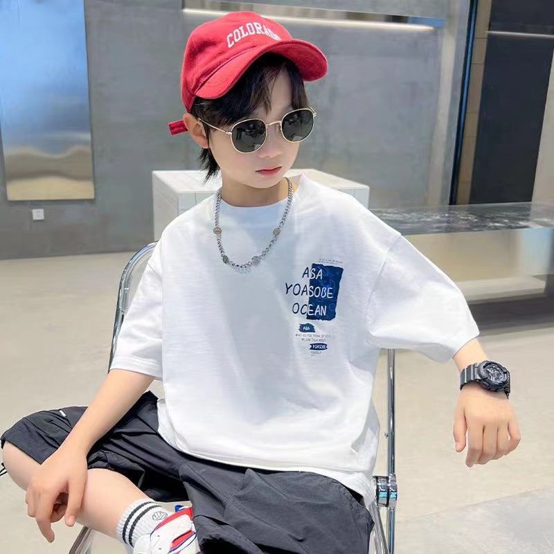 Z25030412棉質中大童男童短袖t恤打底衫夏季帥氣男孩休閒服兒童裝圓領上衣