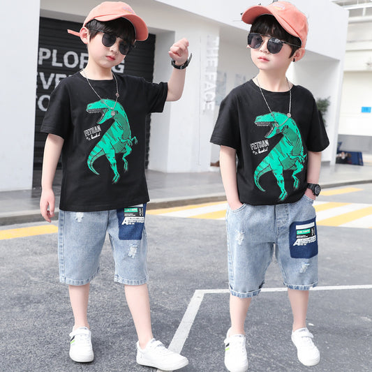 F24031008兒童短袖t卹套裝夏款男童恐龍半袖上衣韓版短褲休閒兩件套裝