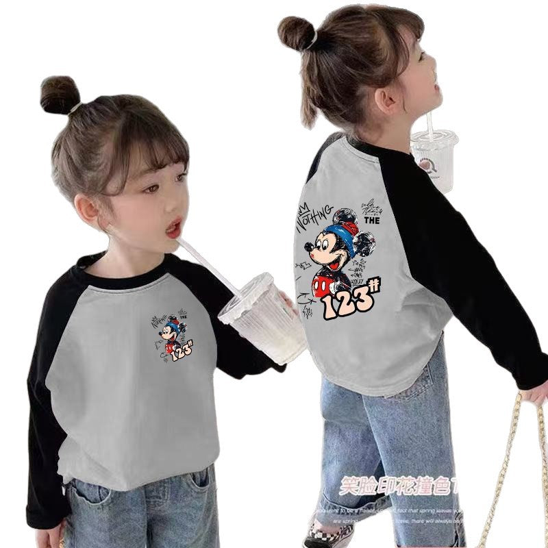 CE25091901女童長袖t卹春秋裝新款兒童撞色卡通洋氣女孩中大童打底上衣