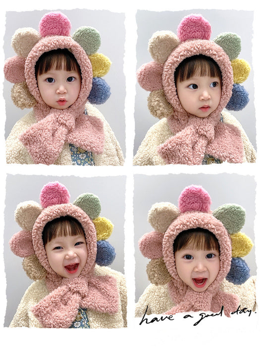 Z23111904帽子圍巾一體兒童秋冬季寶寶可愛超萌女童保暖圍脖大花朵護耳帽