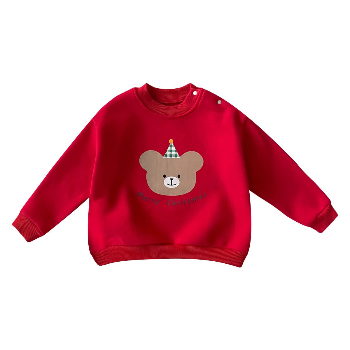 CA25112702一體絨寶寶聖誕新年上衣可愛卡通小熊秋冬季寶寶加絨保暖套頭衛衣