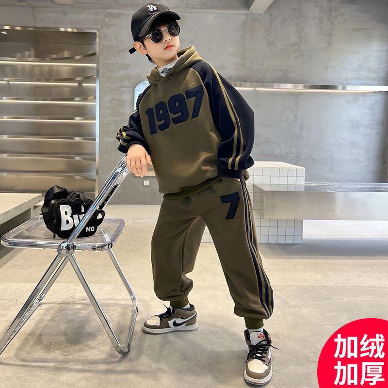 FG25112018秋冬兒童加絨加厚運動套裝中大童時尚潮範連帽衛衣衛褲休閒兩件套