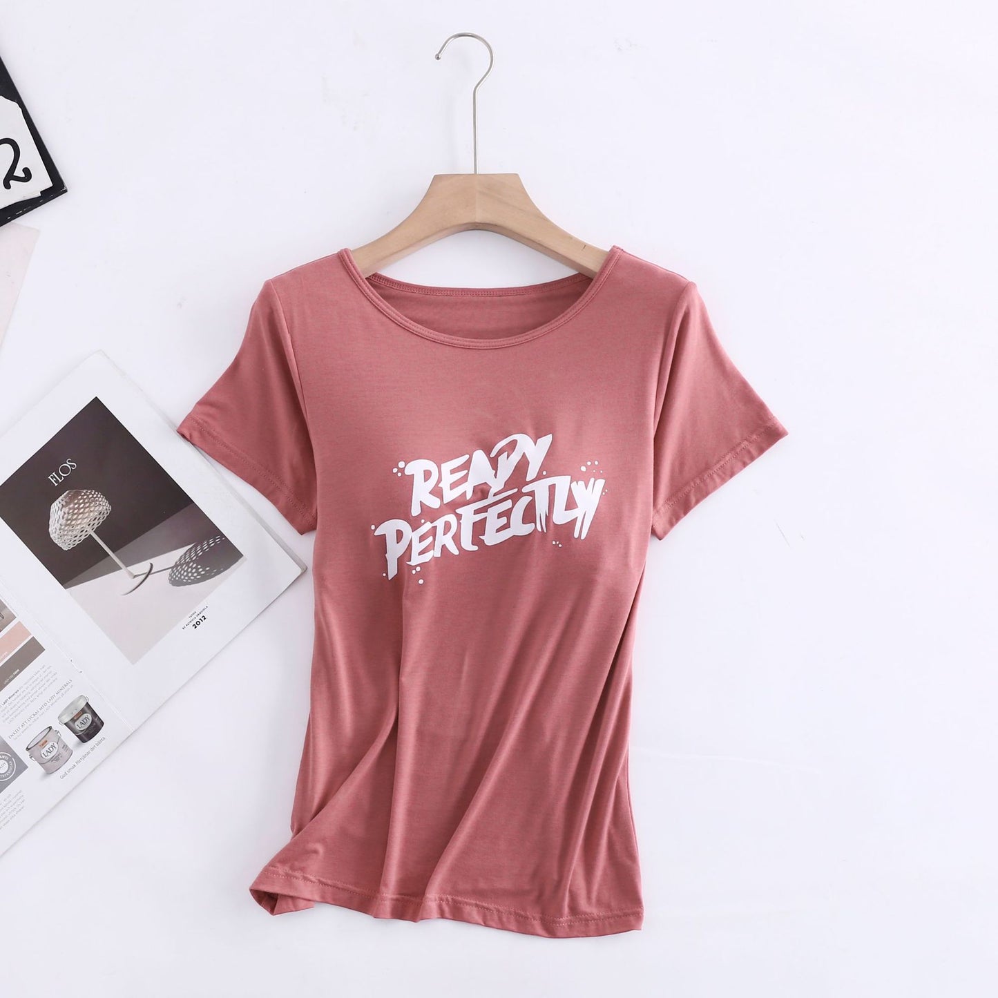 Z24070209莫代爾印花短袖女用胸墊無鋼圈大眾版短袖bra-t罩杯連身式半袖