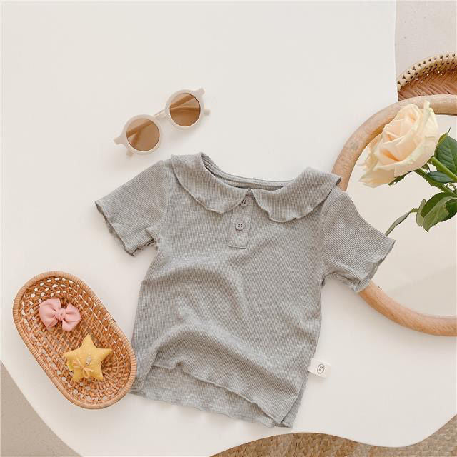 Z25030905女童冰絲短袖T恤夏季薄款女寶寶娃娃領兒童純色百搭上衣打底衫潮