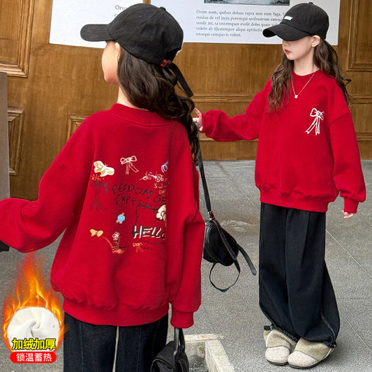 Z25010136女童冬装加绒红色喜庆卫衣2025新款中大童新年服本命年宽松上衣潮