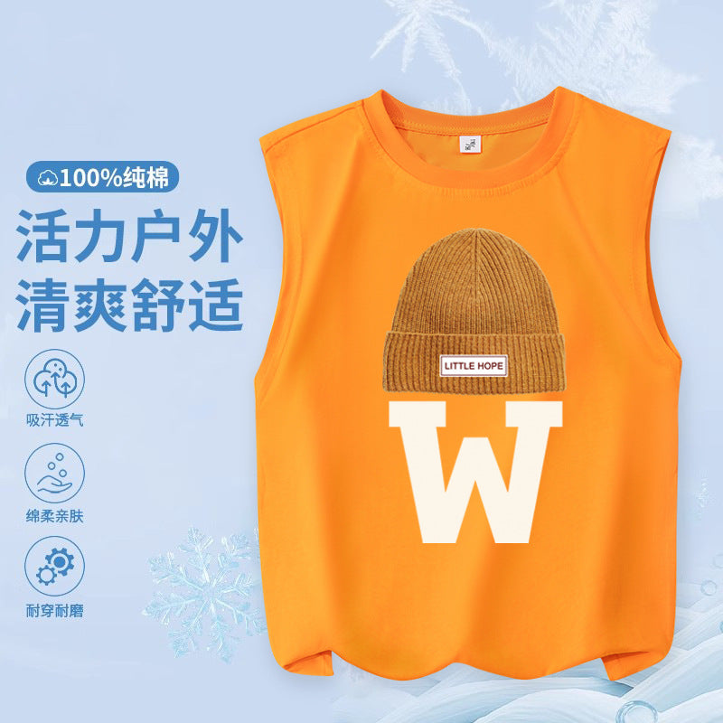 FN26052912男童純棉背心2026圓領套頭衫卡通印花夏季寬鬆兒童無袖上衣