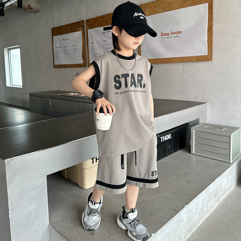 FM26042222男童無袖套裝夏季2026新兒童夏裝背心籃球運動服夏款大童裝男孩