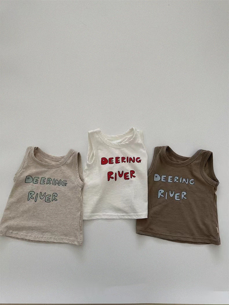 GB23080315韓版ins童裝小童兒童無袖+短褲英文字母清涼套裝簡約百搭休閒風