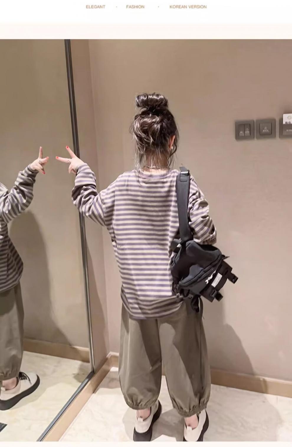 F24090310女童春秋款長袖t卹2024時尚中大童衛衣兒童條紋打底衫外穿