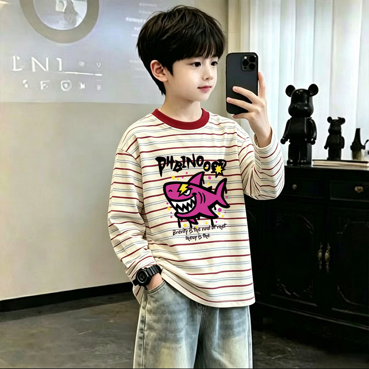 CE26090501男童條紋T恤新款純棉童裝中大中大童春秋季長袖打底男孩兒童上衣