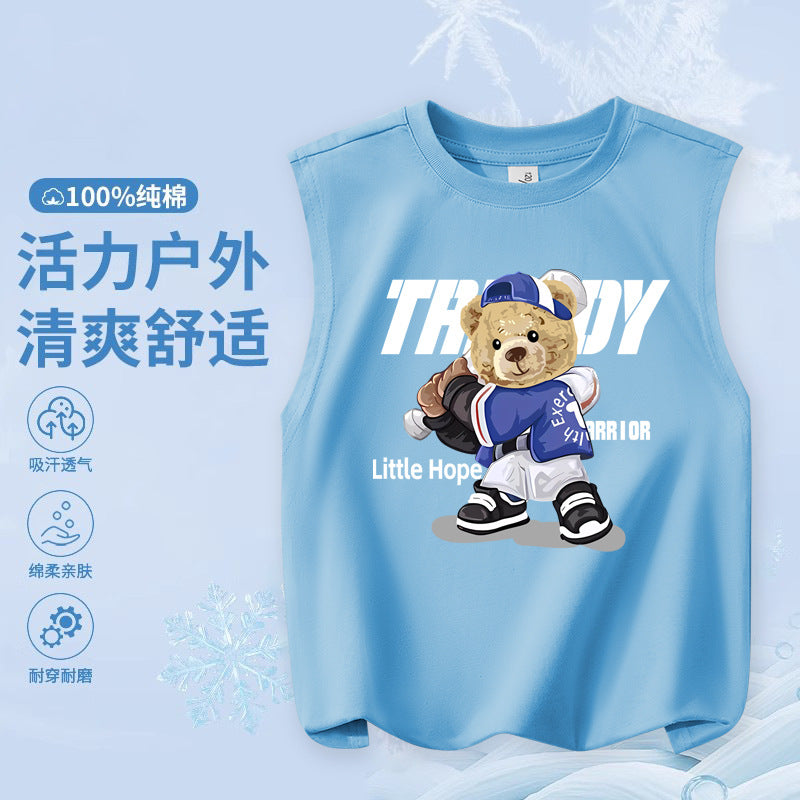 FN26052912男童純棉背心2026圓領套頭衫卡通印花夏季寬鬆兒童無袖上衣