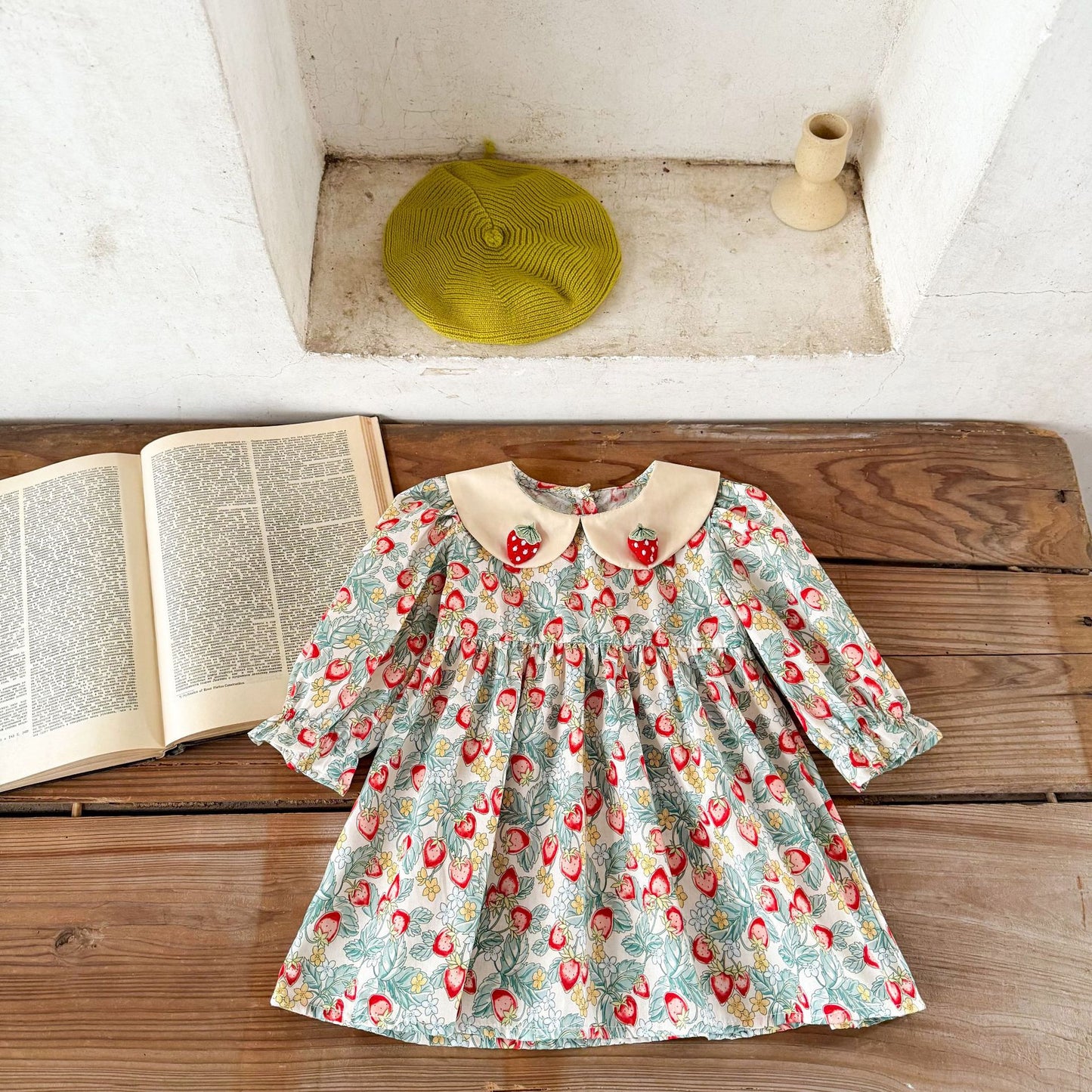 GF25081505  ins韓版女孩寶寶純棉草莓印花翻領洋裝中小童春秋季可愛裙子