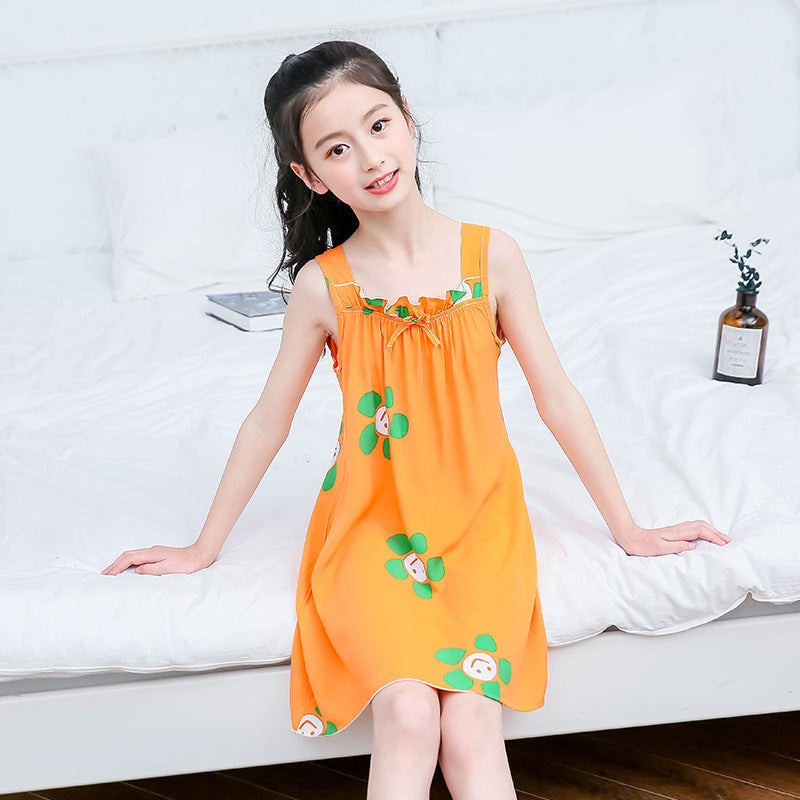 CK26050503女童睡裙棉綢夏季薄款兒童冰絲吊帶睡衣女童夏裝公主裙大童家居裙(9-12天到貨)