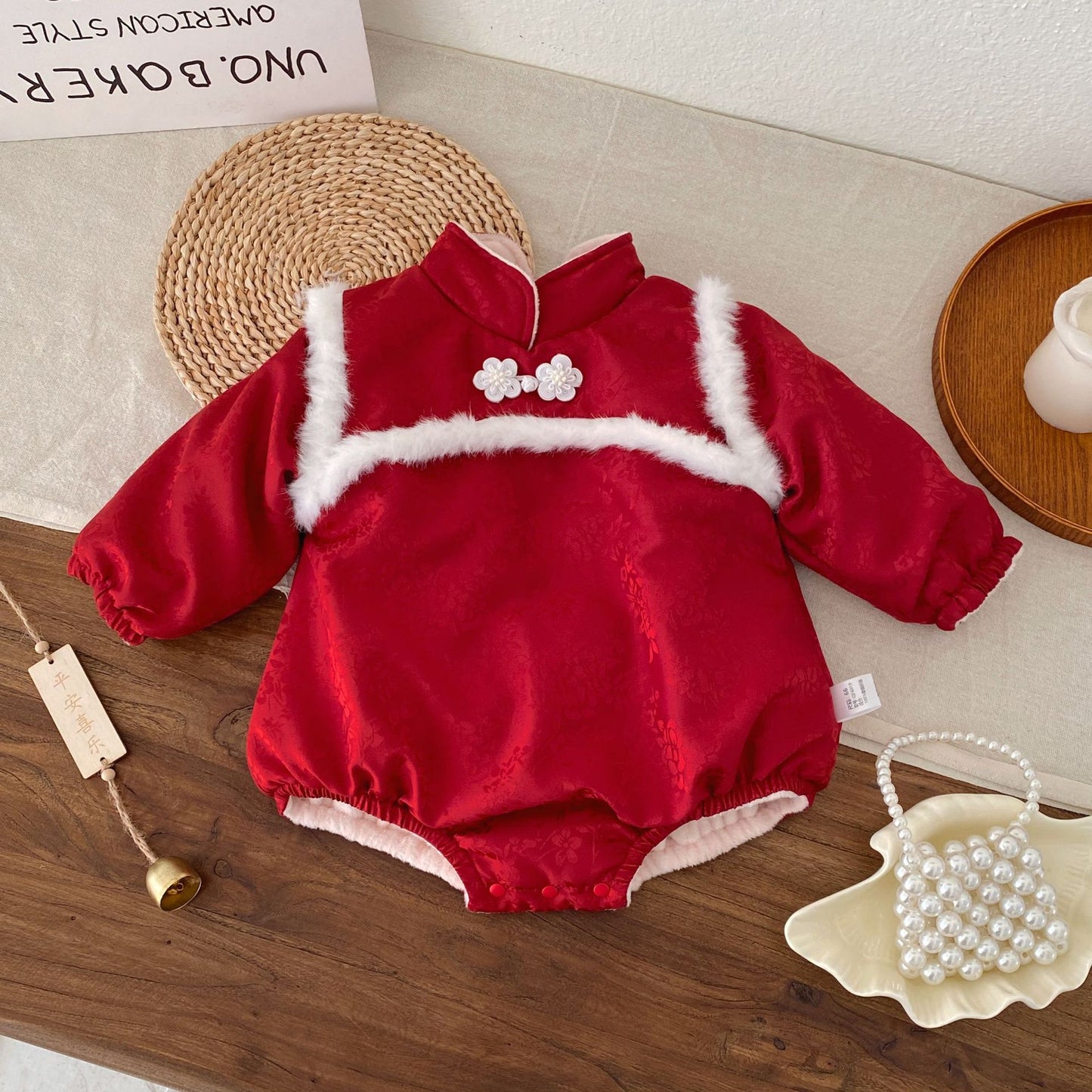 G26010114嬰兒拜年服冬裝長袖保暖男寶寶連身衣過年加絨嬰兒衣幼兒外出服