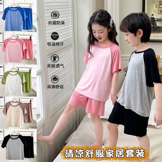CK26050521莫代爾兒童睡衣夏季薄款男童短袖短褲冰絲女童家居服中大童空調服(9-12天到貨)
