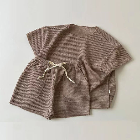 GB24031702韓版嬰兒寶寶裝時尚休閒短袖家居服套裝寶寶寬鬆針織運動套兩件套